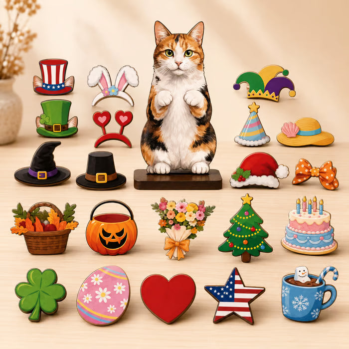 🐾 Interchangeable Magnetic Seasonal Cat Wooden Tabletop Decor Set