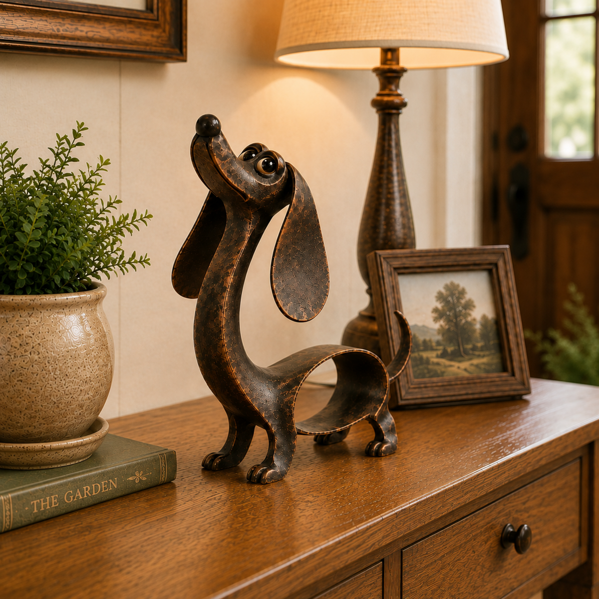 🐶✨ Antique Bronze Dachshund Charm — Metal Sculpture for Home & Garden