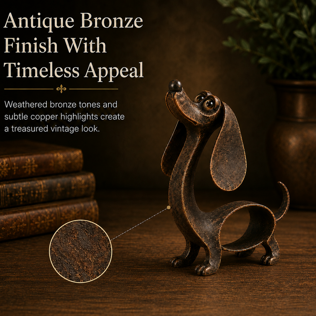 🐶✨ Antique Bronze Dachshund Charm — Metal Sculpture for Home & Garden