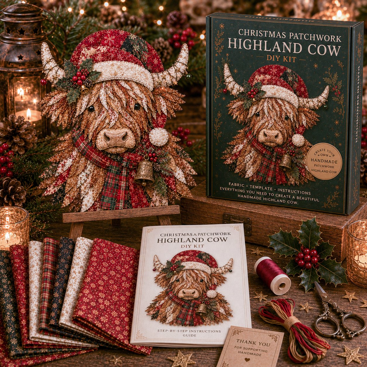 🎄 Highland Cow Christmas Patchwork Wall Hanging Kit
