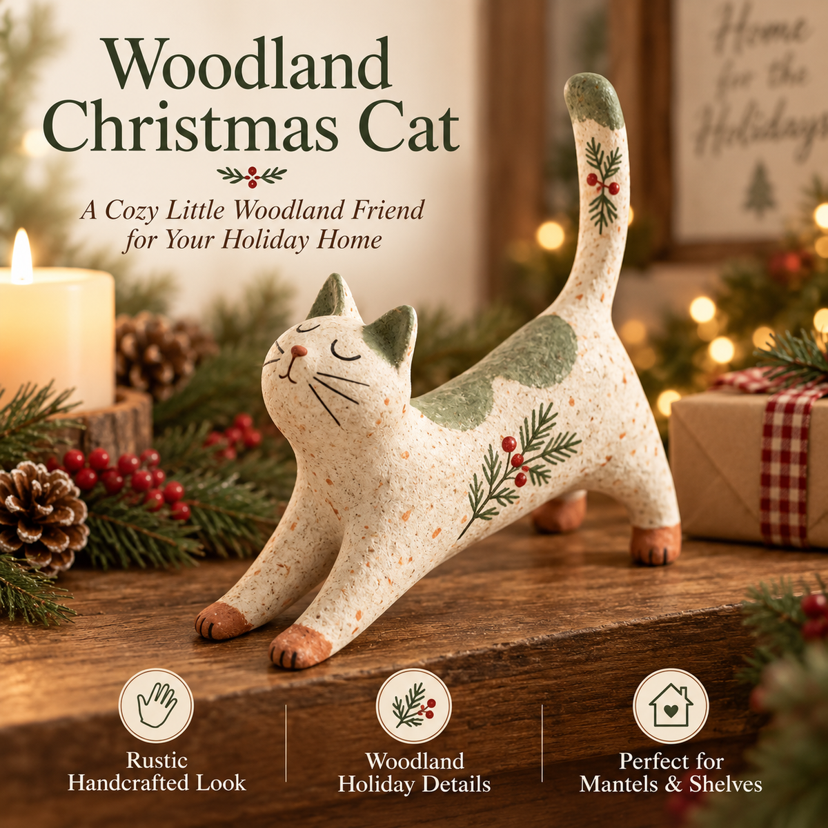 Woodland Christmas Cat Figurine