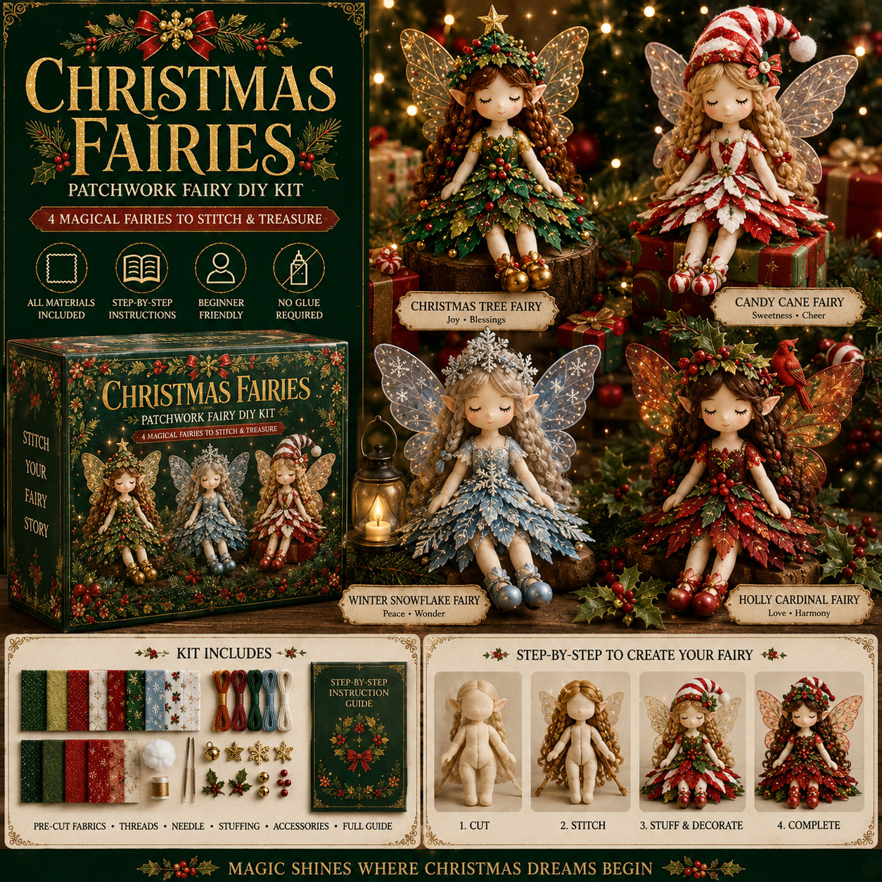 Christmas Patchwork Fairy Sewing Kit – Set of 4 Dolls
