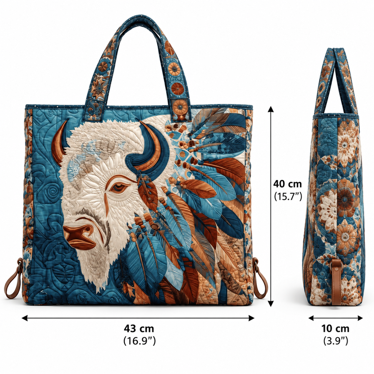 ✨Handmade Quilted Tote Bag — 🎨 Sacred White Buffalo Boho Design, Padded Lined Large Carryall