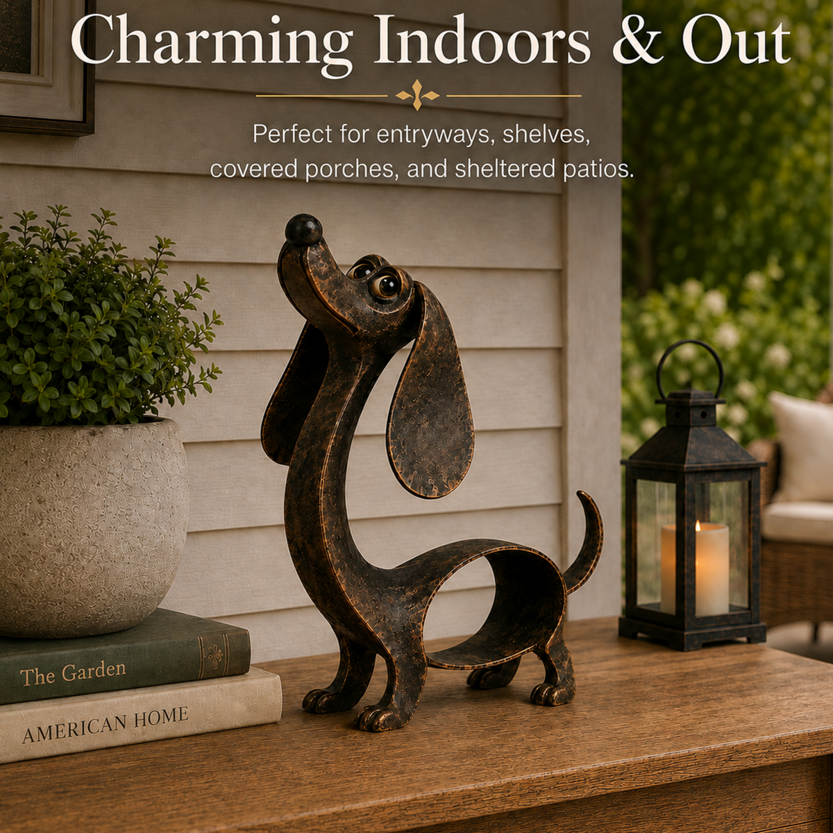 🐶✨ Antique Bronze Dachshund Charm — Metal Sculpture for Home & Garden