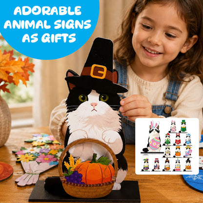 🐾 Interchangeable Magnetic Seasonal Cat Wooden Tabletop Decor Set