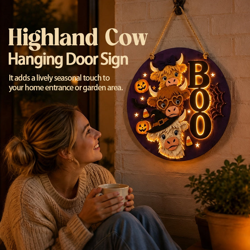✨ Cute Stacked Highland Cow Door Plaque With Built-in Warm Lights For Porch Wall