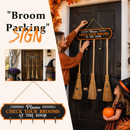 🧹“Please CHECK YOUR BROOMS AT THE DOOR” Halloween Witch Broom Door Hanger