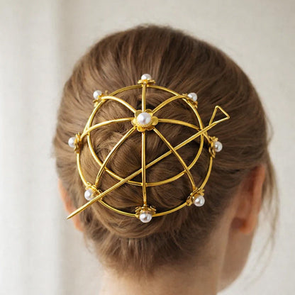 Gold-Plated Pearl-Studded Wheel Hair Bun Cage With Hair Stick