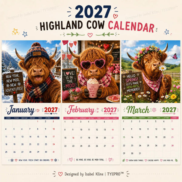 💥🏆2027 Funny Highland Cow Wall Calendar | A4 Hanging Calendar