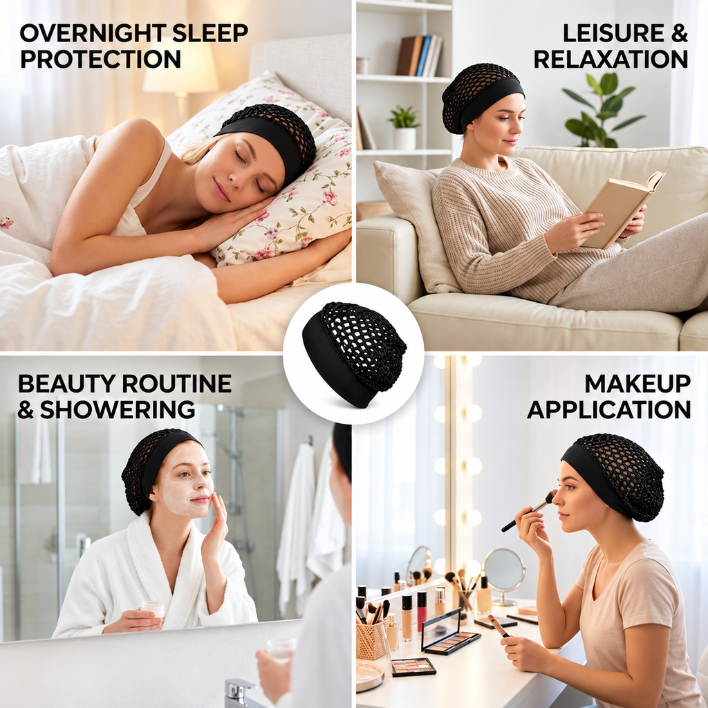 🧶 Wide-Band Crochet Hair Net | 💨 Breathable Stretch Sleep & Beauty Hair Cap