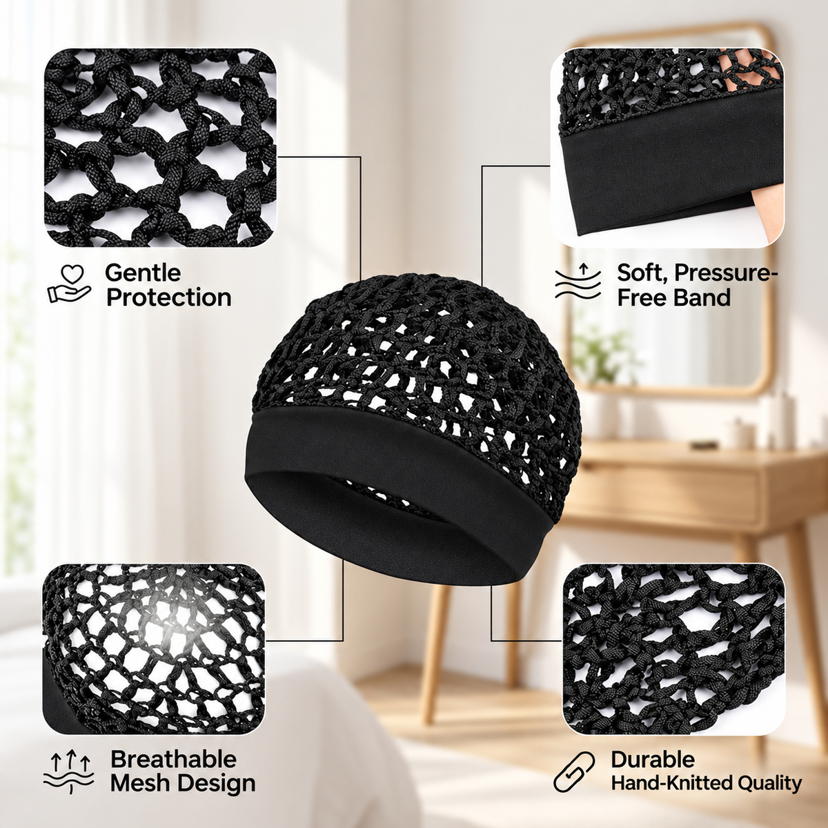 🧶 Wide-Band Crochet Hair Net | 💨 Breathable Stretch Sleep & Beauty Hair Cap