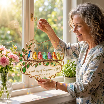 🎵 Psalm 89:1 Songbird Window Suncatcher | Stained-Glass Style Faith Decor with Colorful Birds &amp; Scripture 🕊️✨