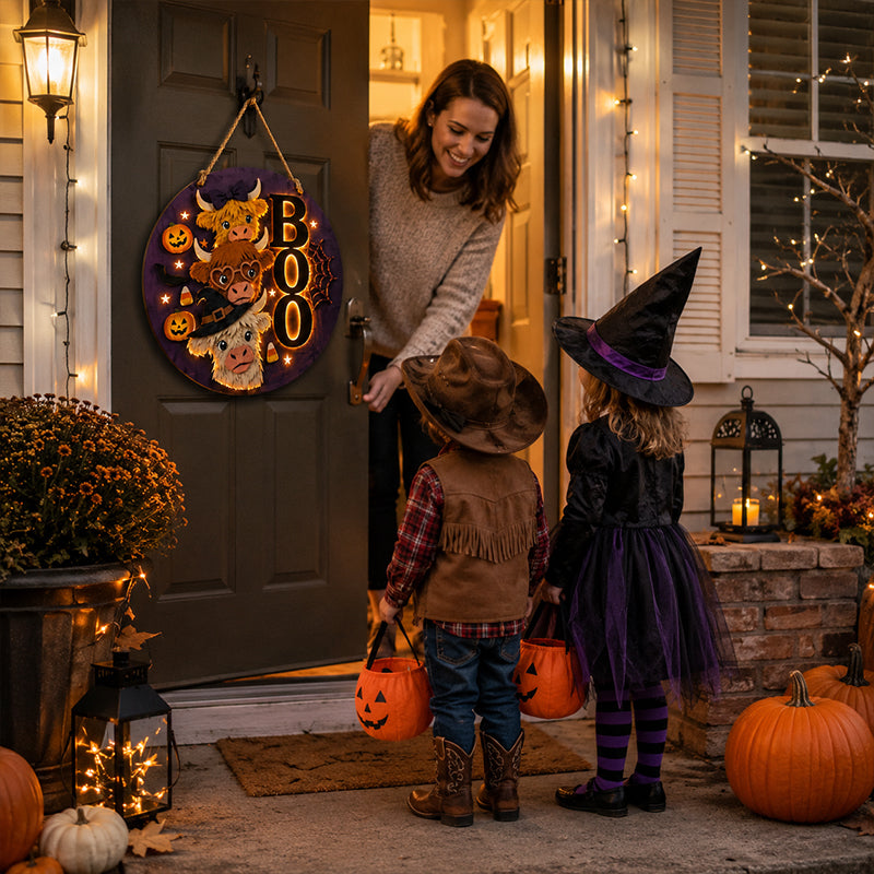 ✨ Cute Stacked Highland Cow Door Plaque With Built-in Warm Lights For Porch Wall