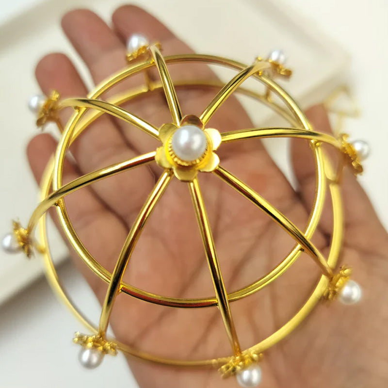 Gold-Plated Pearl-Studded Wheel Hair Bun Cage With Hair Stick