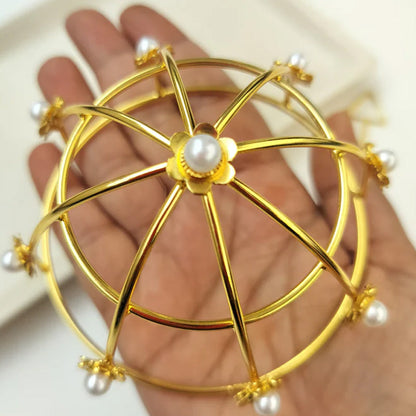 Gold-Plated Pearl-Studded Wheel Hair Bun Cage With Hair Stick