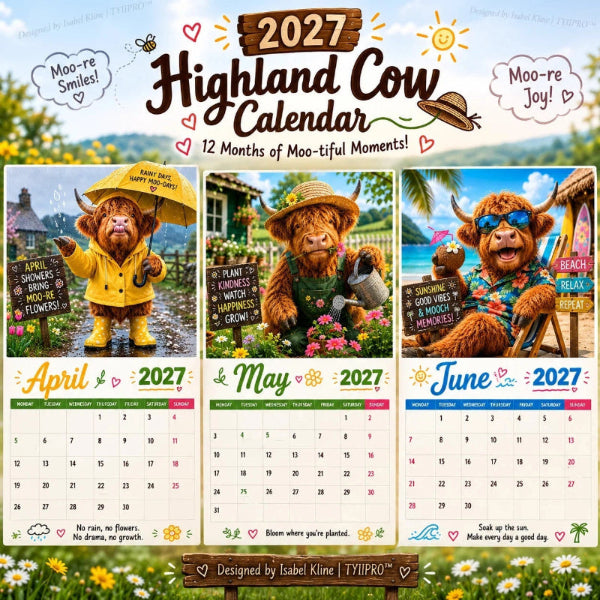 💥🏆2027 Funny Highland Cow Wall Calendar | A4 Hanging Calendar