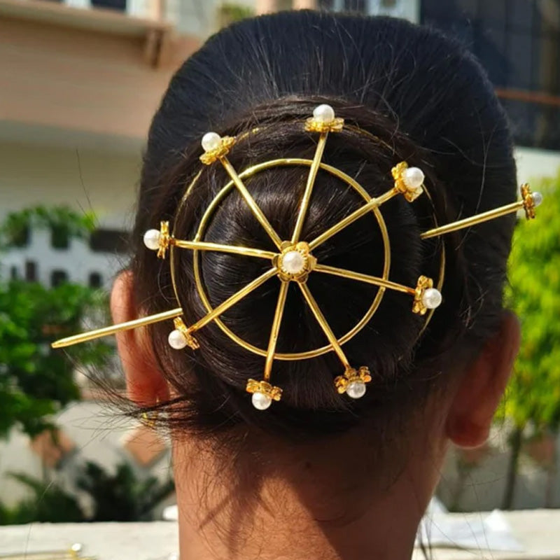 Gold-Plated Pearl-Studded Wheel Hair Bun Cage With Hair Stick