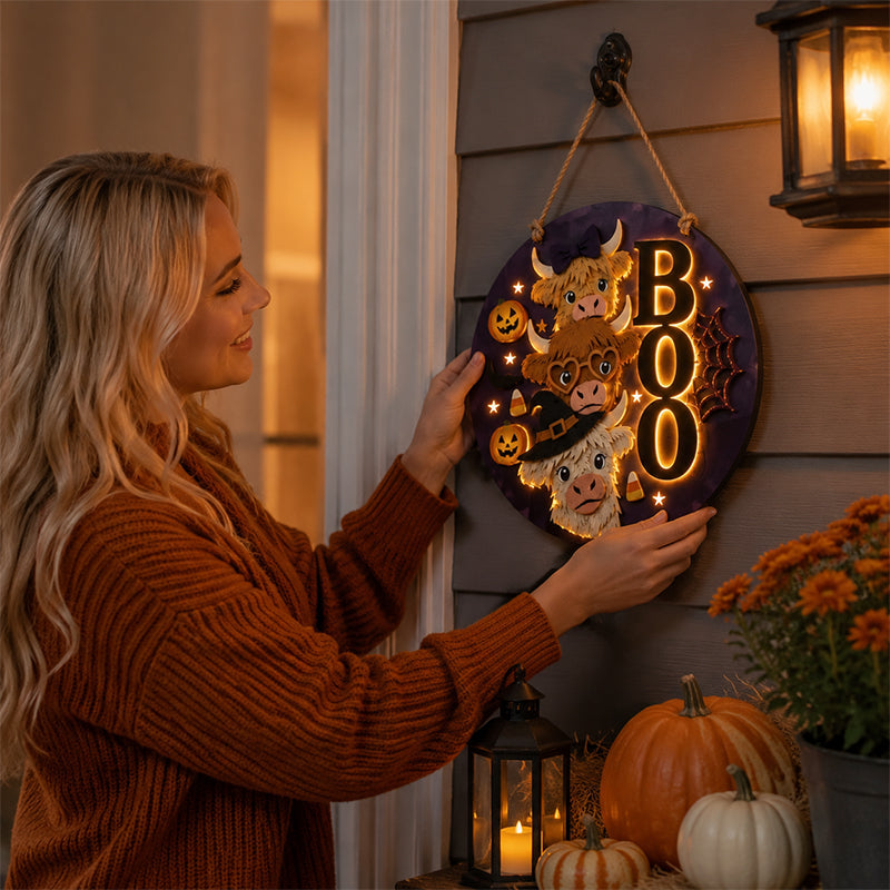 ✨ Cute Stacked Highland Cow Door Plaque With Built-in Warm Lights For Porch Wall