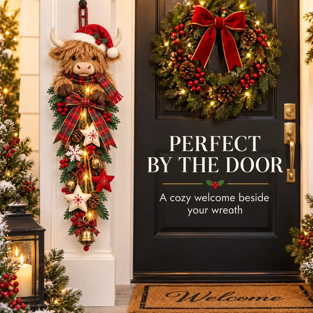 Highland Cow Christmas swag decorative details