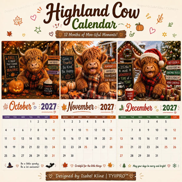 💥🏆2027 Funny Highland Cow Wall Calendar | A4 Hanging Calendar
