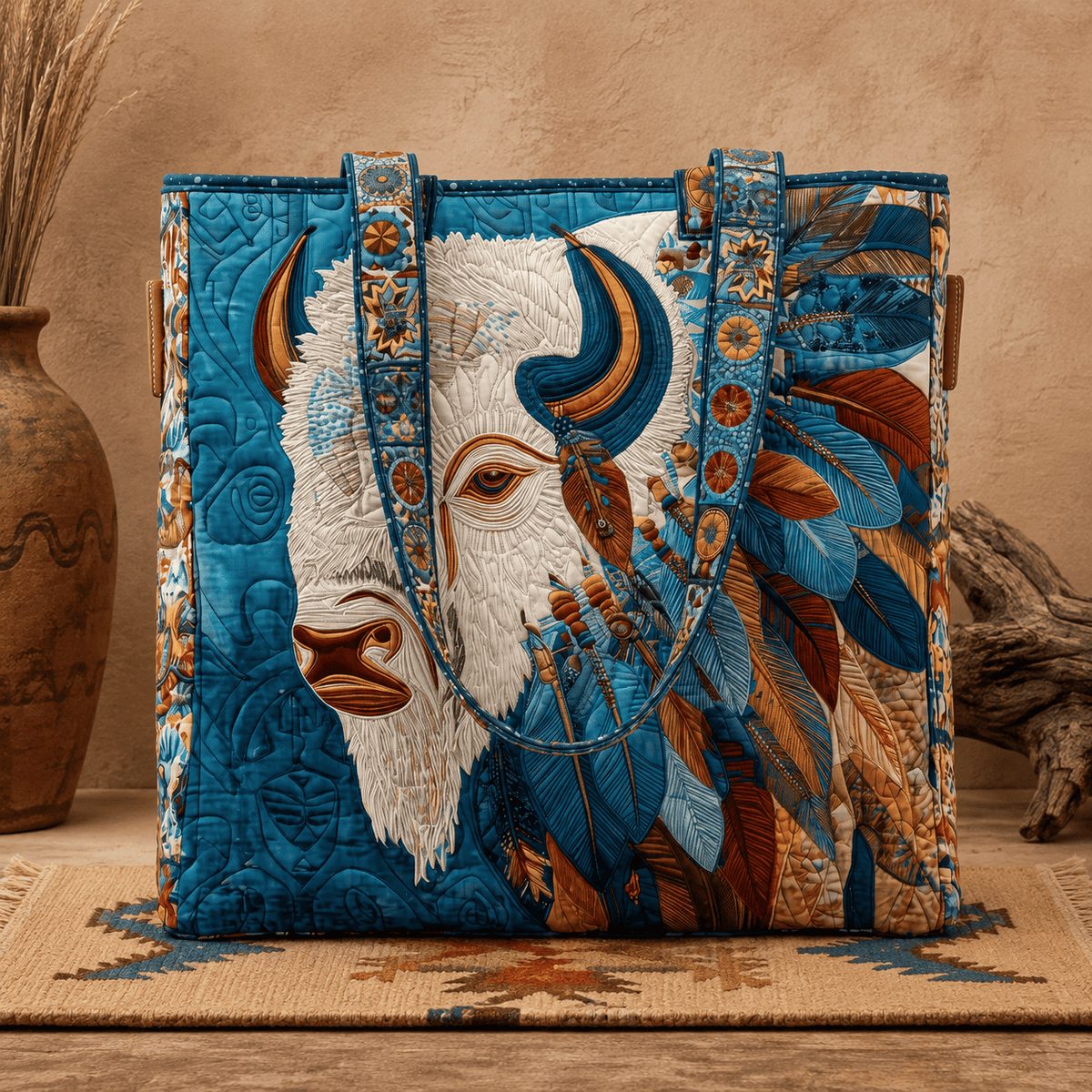 ✨Handmade Quilted Tote Bag — 🎨 Sacred White Buffalo Boho Design, Padded Lined Large Carryall