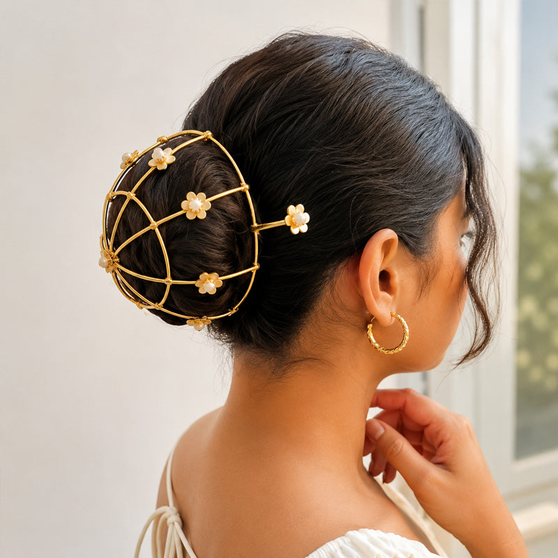 Gold-Plated Pearl-Studded Wheel Hair Bun Cage With Hair Stick
