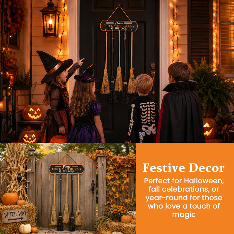 🧹“Please CHECK YOUR BROOMS AT THE DOOR” Halloween Witch Broom Door Hanger