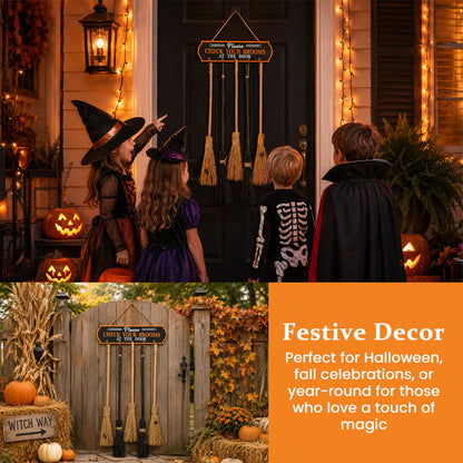 🧹“Please CHECK YOUR BROOMS AT THE DOOR” Halloween Witch Broom Door Hanger
