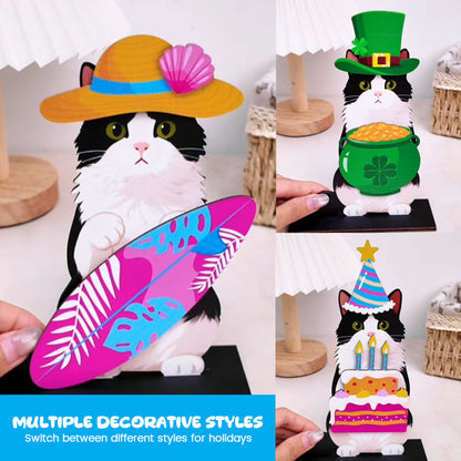 🐾 Interchangeable Magnetic Seasonal Cat Wooden Tabletop Decor Set