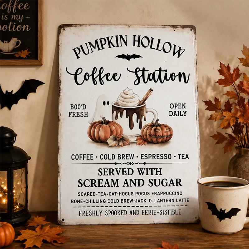 Halloween Pumpkin Coffee Station Vintage Decorative Sign