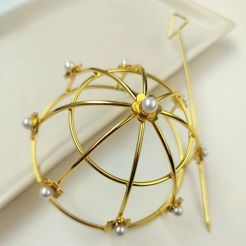 Gold-Plated Pearl-Studded Wheel Hair Bun Cage With Hair Stick