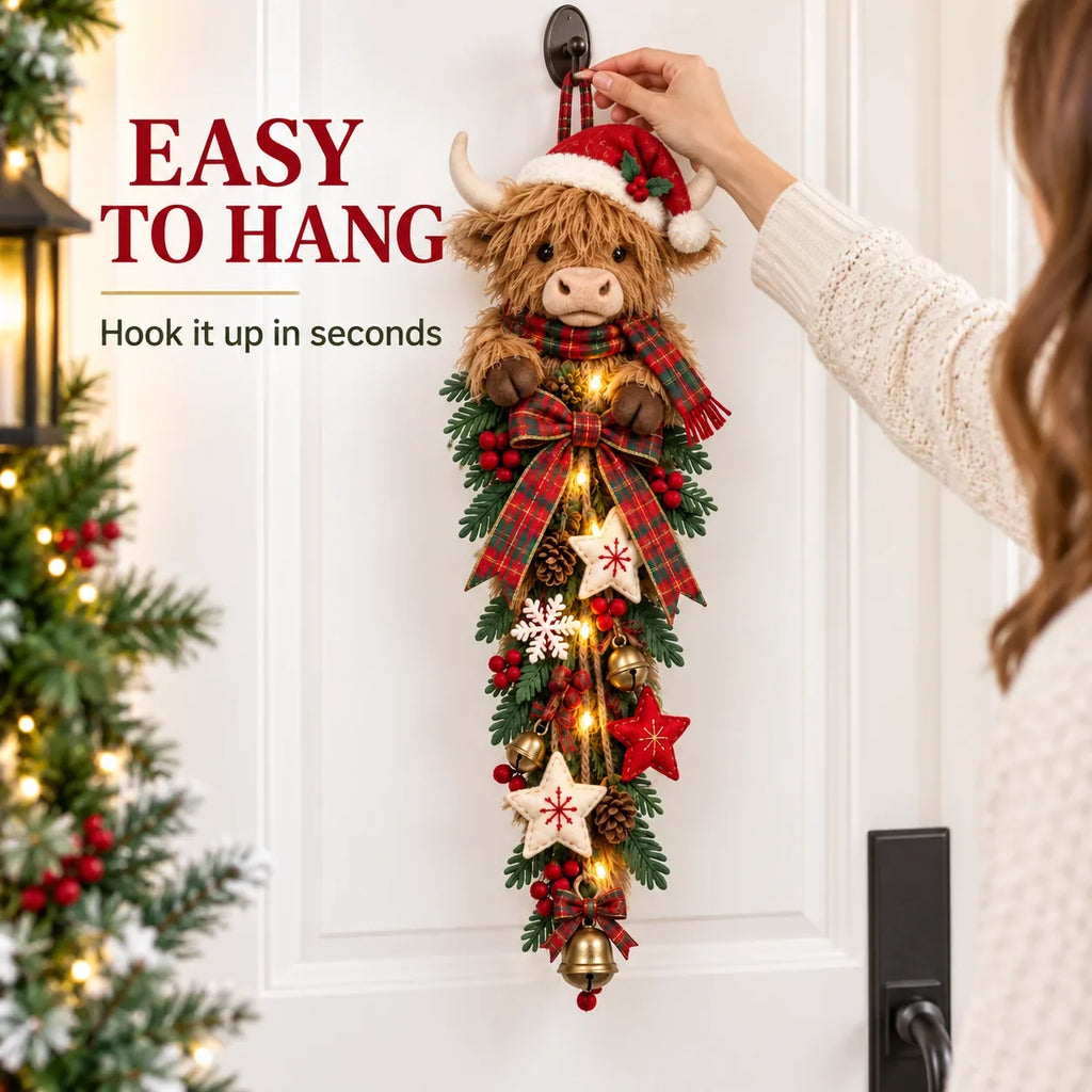 Lighted Highland Cow Christmas door swag display