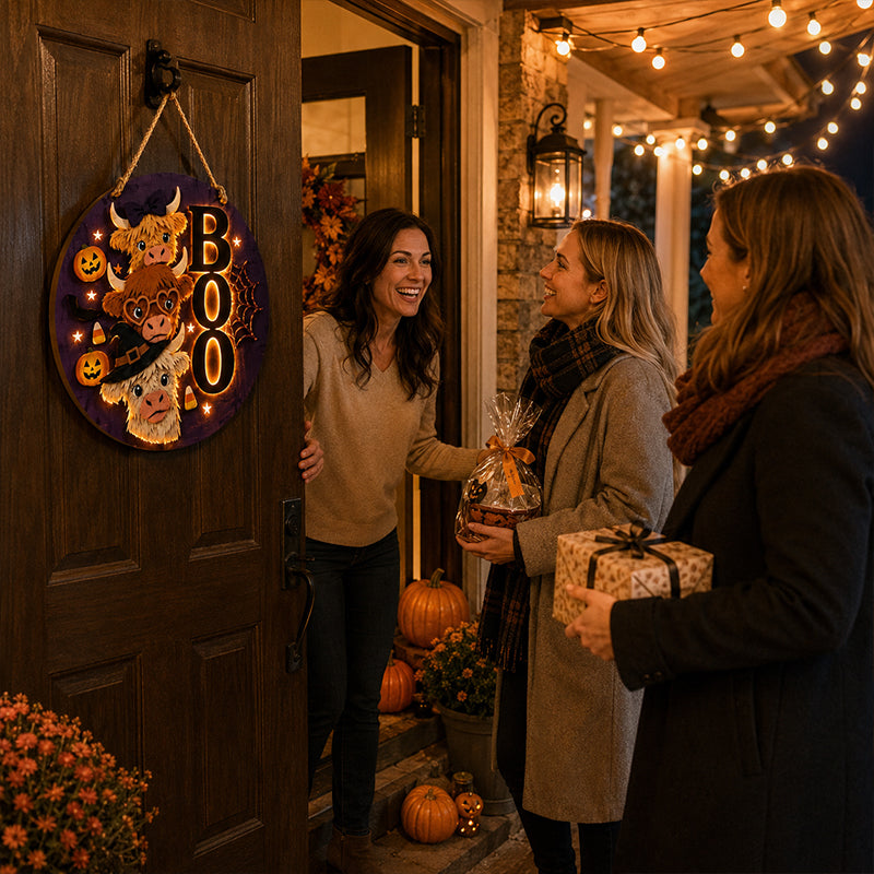 ✨ Cute Stacked Highland Cow Door Plaque With Built-in Warm Lights For Porch Wall
