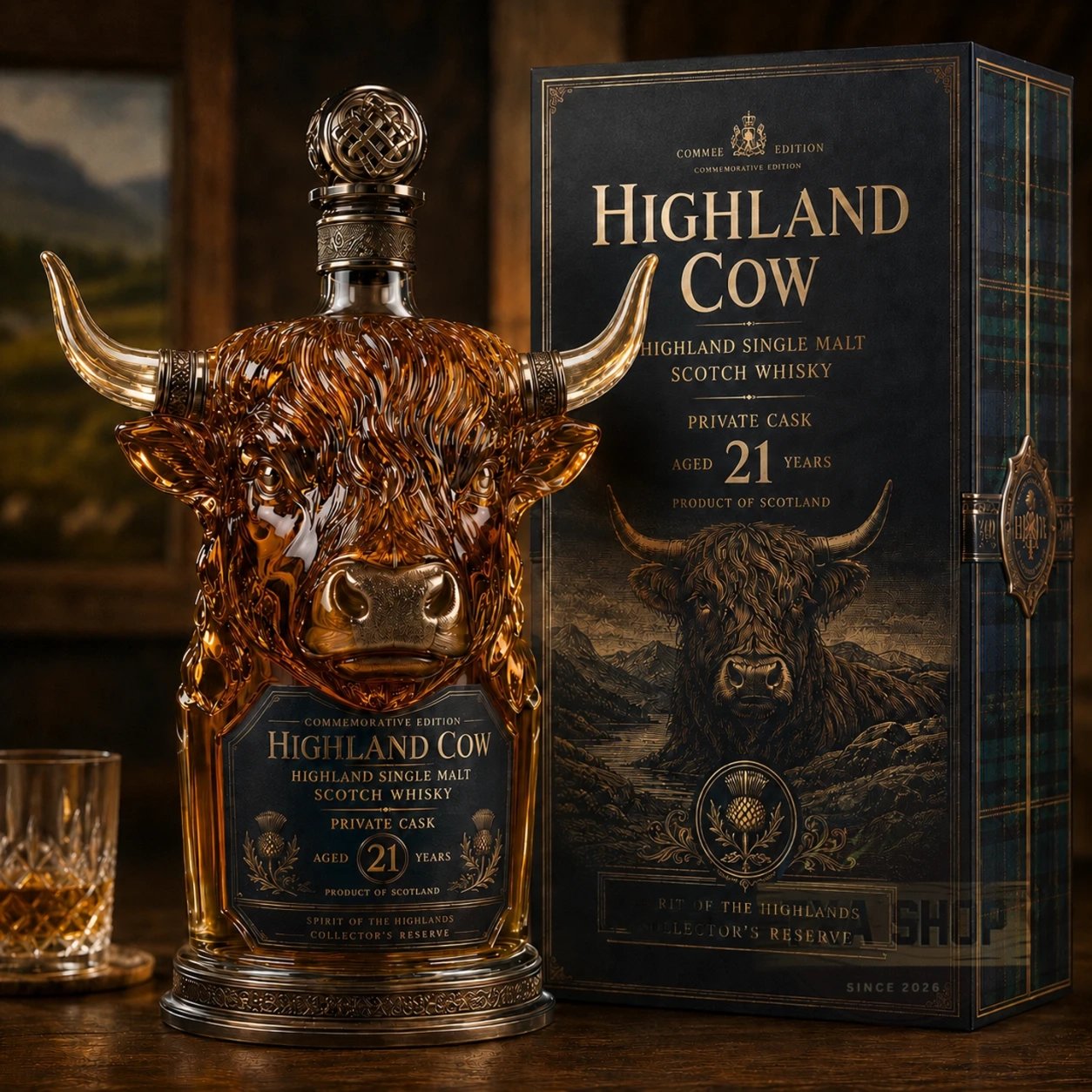 ✨🐮Highland Cow Private Cask 21 Years Cow Head Shaped Scotch Whisky Bottle
