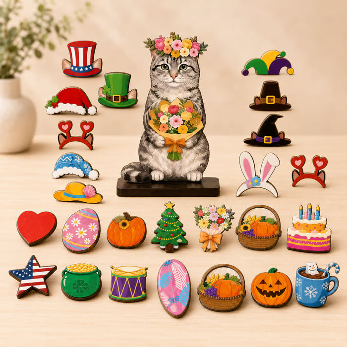 🐾 Interchangeable Magnetic Seasonal Cat Wooden Tabletop Decor Set