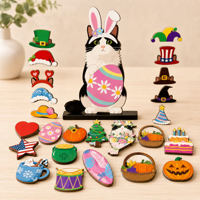 🐾 Interchangeable Magnetic Seasonal Cat Wooden Tabletop Decor Set