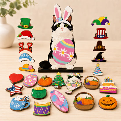 🐾 Interchangeable Magnetic Seasonal Cat Wooden Tabletop Decor Set
