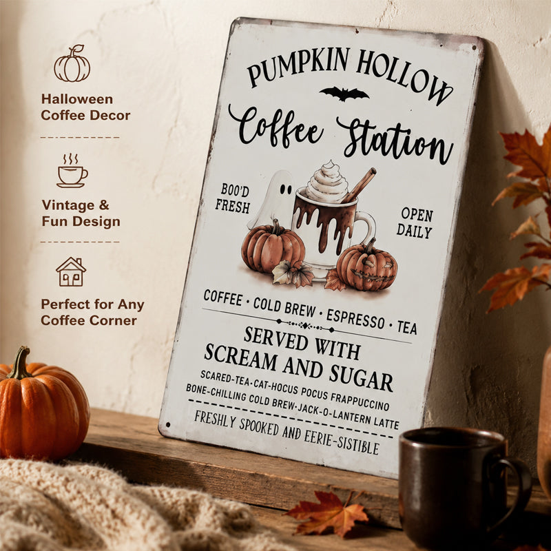 Halloween Pumpkin Coffee Station Vintage Decorative Sign