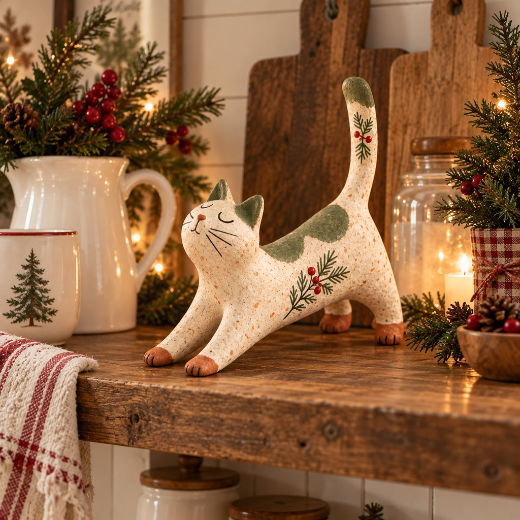 Woodland Christmas Cat Figurine