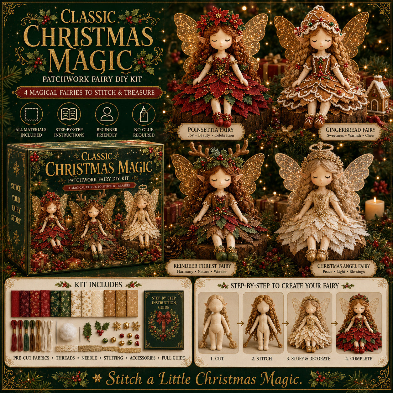 Christmas Patchwork Fairy Sewing Kit – Set of 4 Dolls
