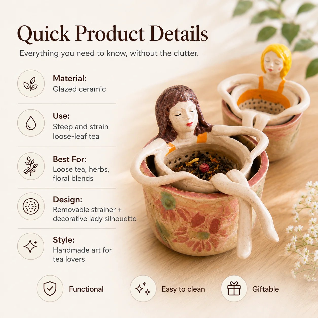 ☕ Hand-Glazed Sitting Lady Tea Infuser – Charming Everyday Ritual✨