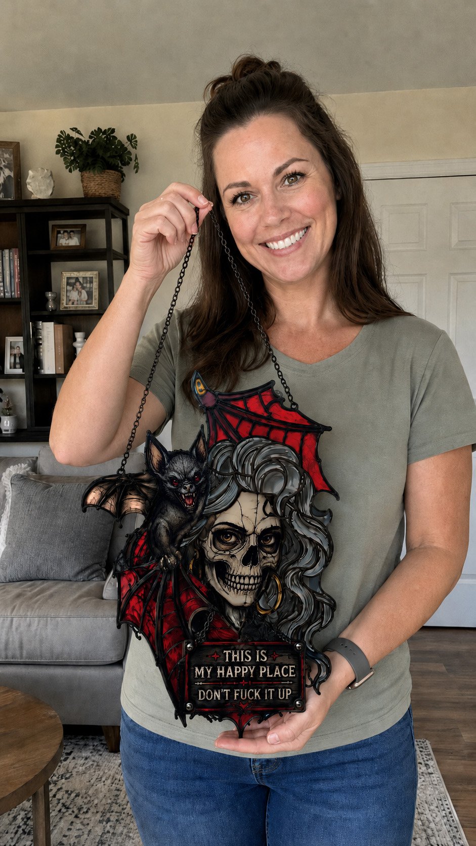 🦇💀Gothic Skull & Bat “My Happy Place” Hanging Art — Mood-Responsive Hair Effect Wall Decor✨