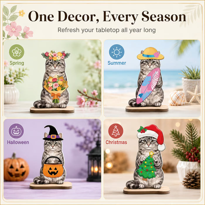 🐾 Interchangeable Magnetic Seasonal Cat Wooden Tabletop Decor Set