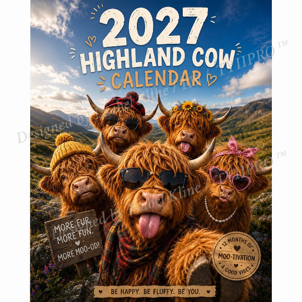💥🏆2027 Funny Highland Cow Wall Calendar | A4 Hanging Calendar