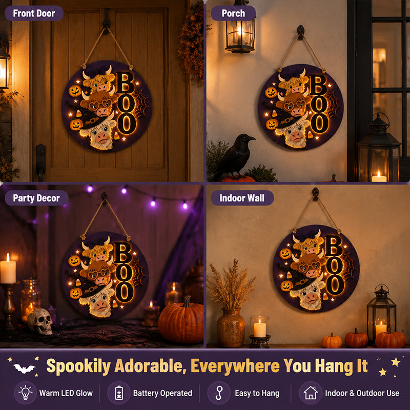 ✨ Cute Stacked Highland Cow Door Plaque With Built-in Warm Lights For Porch Wall
