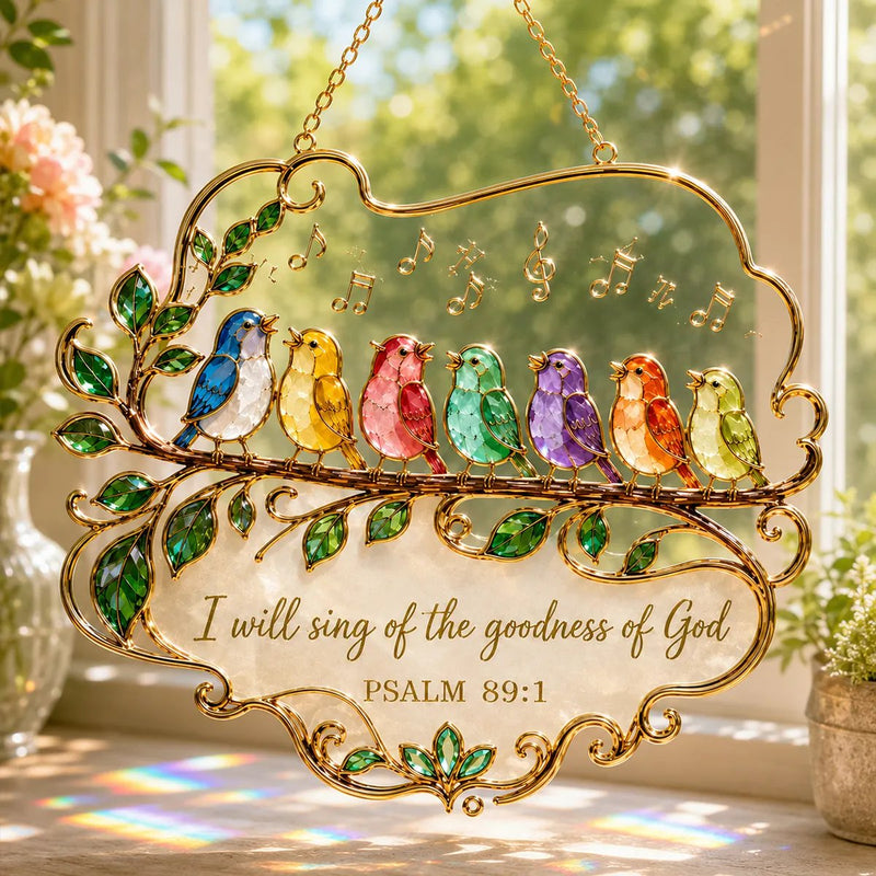🎵 Psalm 89:1 Songbird Window Suncatcher | Stained-Glass Style Faith Decor with Colorful Birds &amp; Scripture 🕊️✨