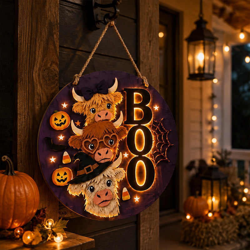 ✨ Cute Stacked Highland Cow Door Plaque With Built-in Warm Lights For Porch Wall