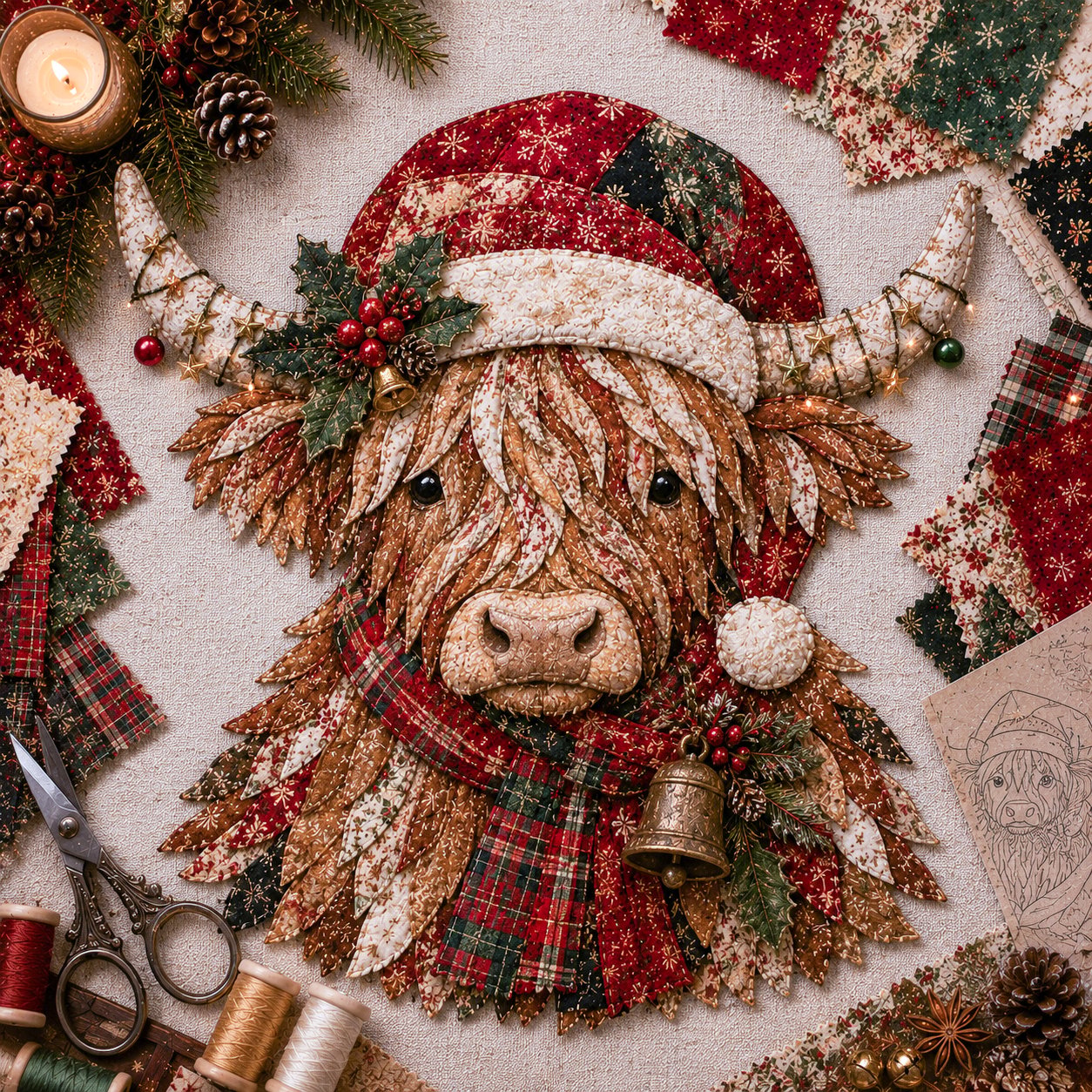 🎄 Highland Cow Christmas Patchwork Wall Hanging Kit