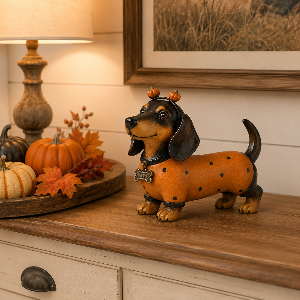 🎃 Halloween Pumpkin Dachshund Resin Figurine — Charming Seasonal Dog Decor