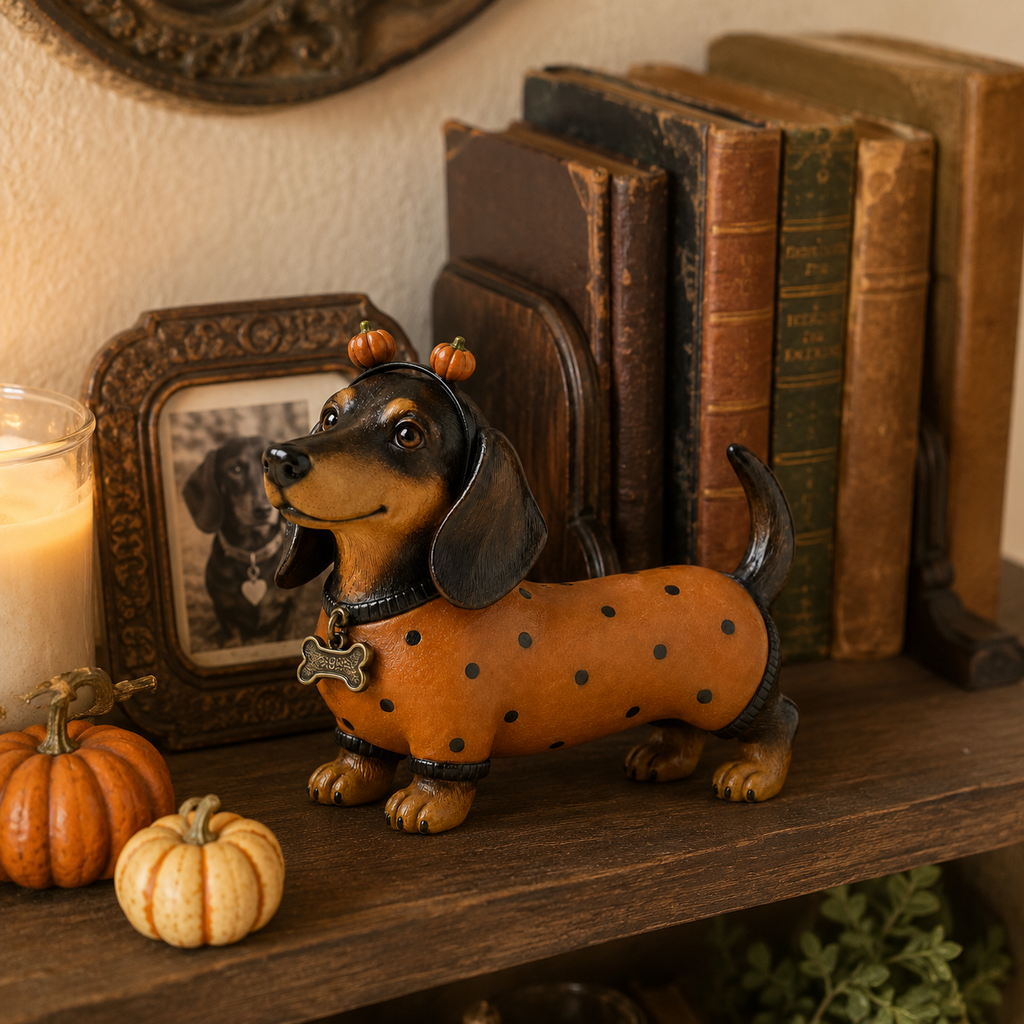 🎃 Halloween Pumpkin Dachshund Resin Figurine — Charming Seasonal Dog Decor